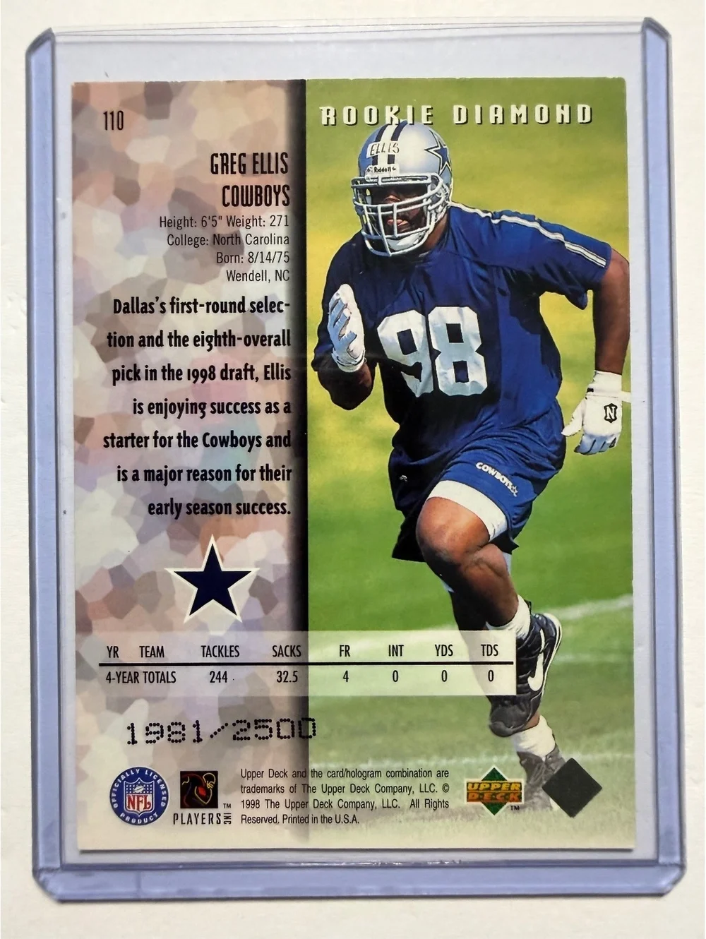 1998 Upper Deck Black Diamond Rookie Diamond Greg Ellis Football Card #110